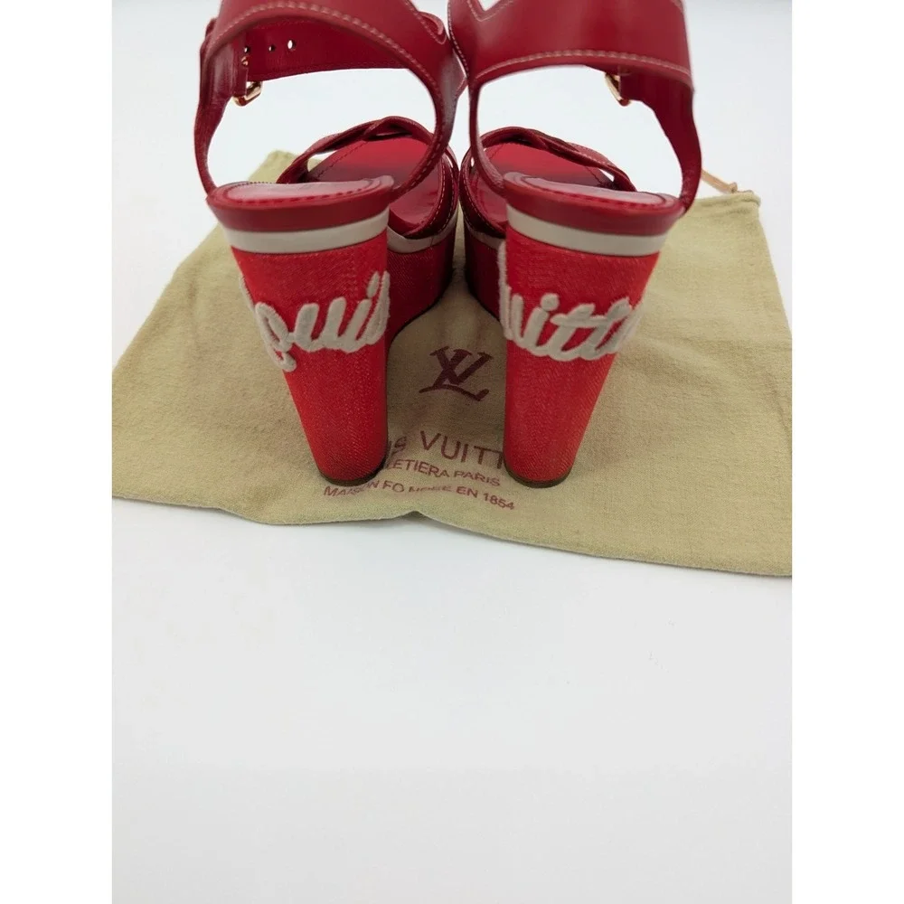 Louis Vuitton Red Waterfall Wedge Cloth & Leather Sandals Size 37.5 EU/7 US